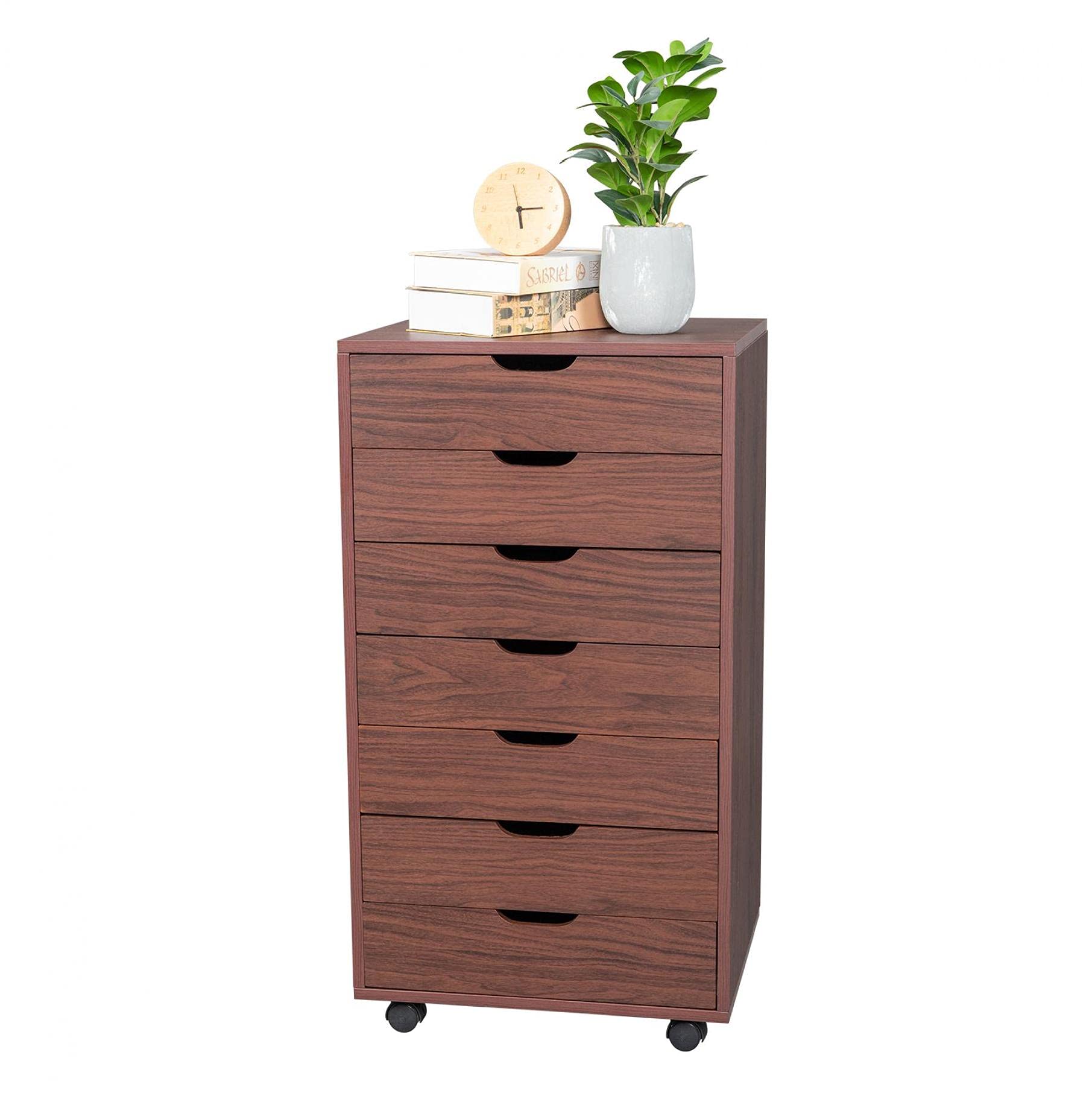 7-Drawer MDF & PVC Wooden Filing Cabinet - Portable Vertical Mobile Storage for A4/Letter Size - Dark Walnut - Home Office Organization & Document Management