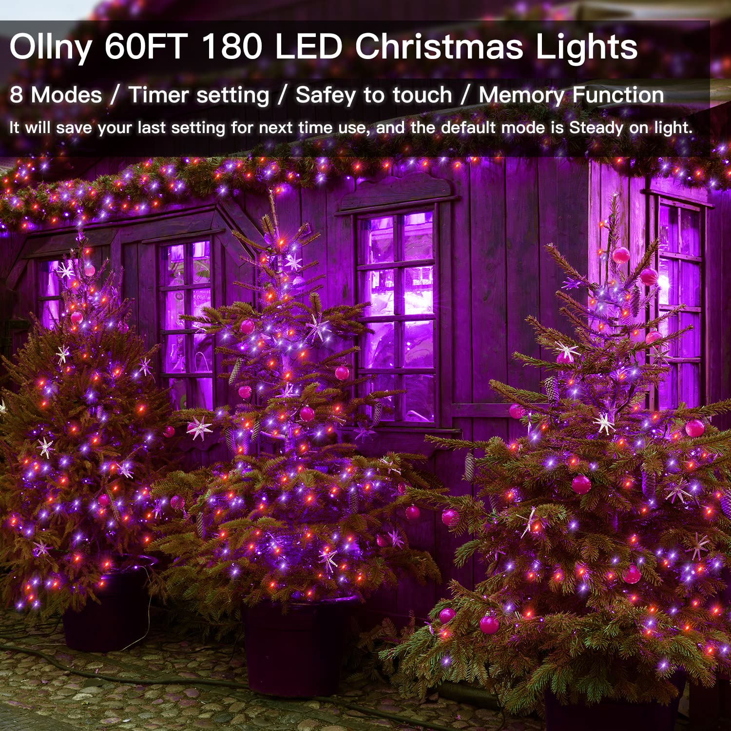 Ollny 60 FT 180 LED Halloween Lights Outdoor - Orange & Purple Waterproof String Fairy Lights with 8 Modes & Timer - Perfect for Halloween Party, Yard, Door Decorations - Also Great for Christmas & Holiday Lighting