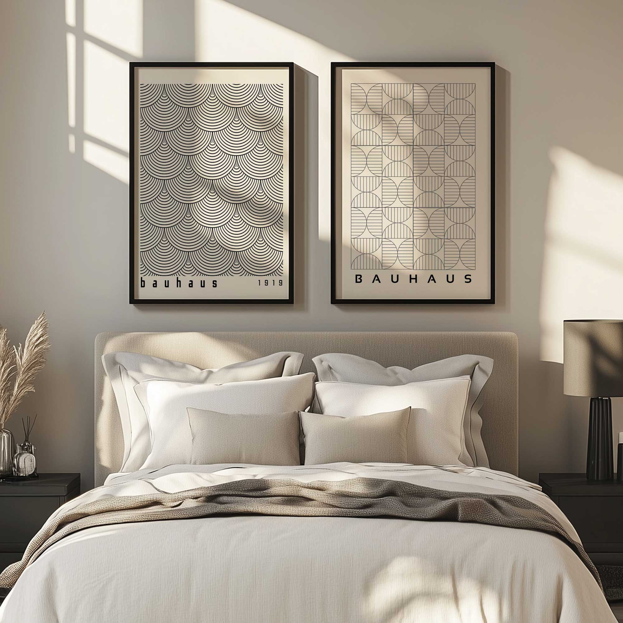 Bauhaus Abstract Art Prints - Set of 2 Framed Wall Decor | Modern Home Office & Living Room Decorations