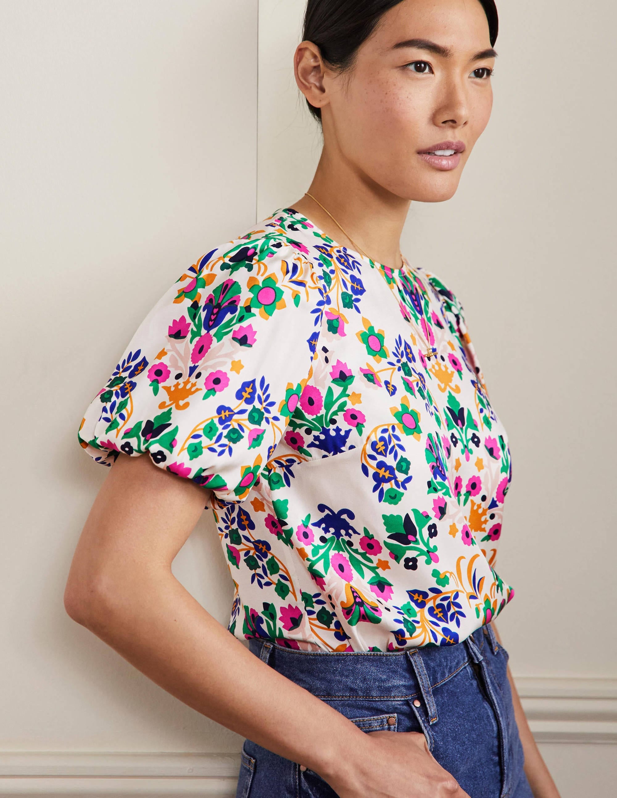 Adriana Puff Sleeve Blouse Ivory Floral Embroidered Top - Elegant Women's Fashion for Parties, Dates & Special Occasions