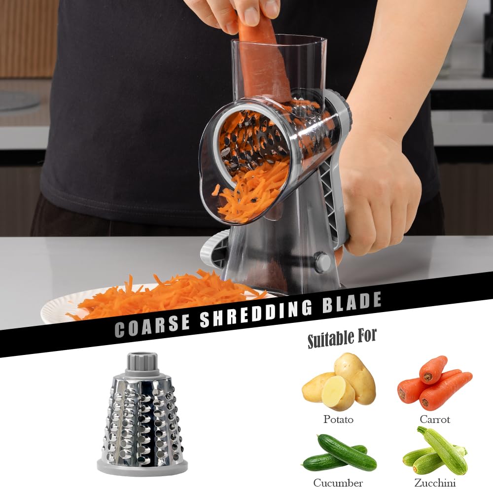 Stainless Steel Rotary Cheese Grater with 3 Blades - Hand Crank Kitchen Tool for Shredding Cheese, Carrots, Cucumbers, Nuts & Chocolate (Dark Grey) - Perfect for Pizza Toppings, Salad Prep & Baking Needs