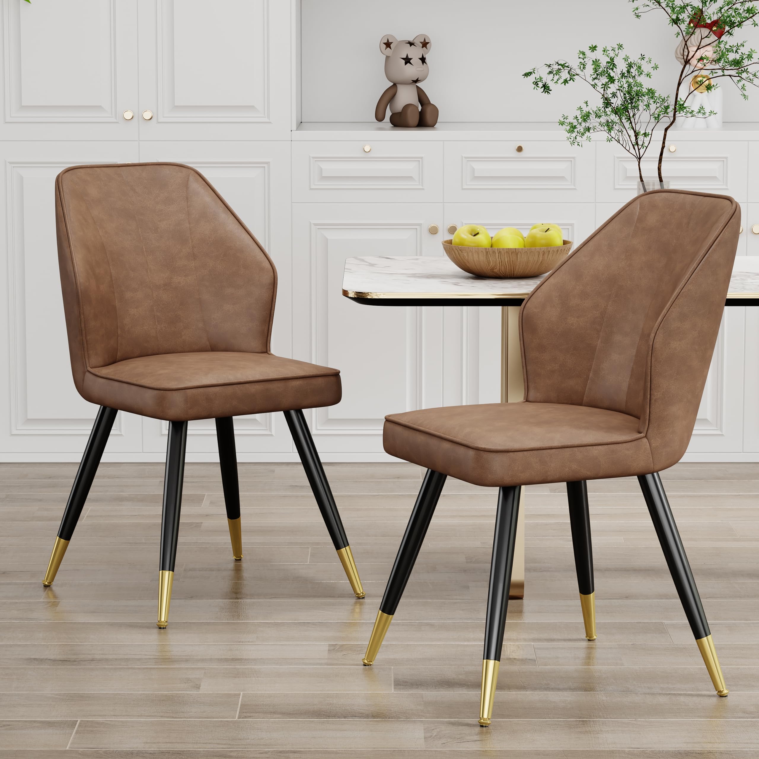 Andeworld Set of 2 Mid Century Modern Upholstered Dining Chairs - Faux Leather Armless Side Chairs with Golden Metal Legs for Dining Room, Living Room, Kitchen & Office - Brown Accent Chairs for Home Decor