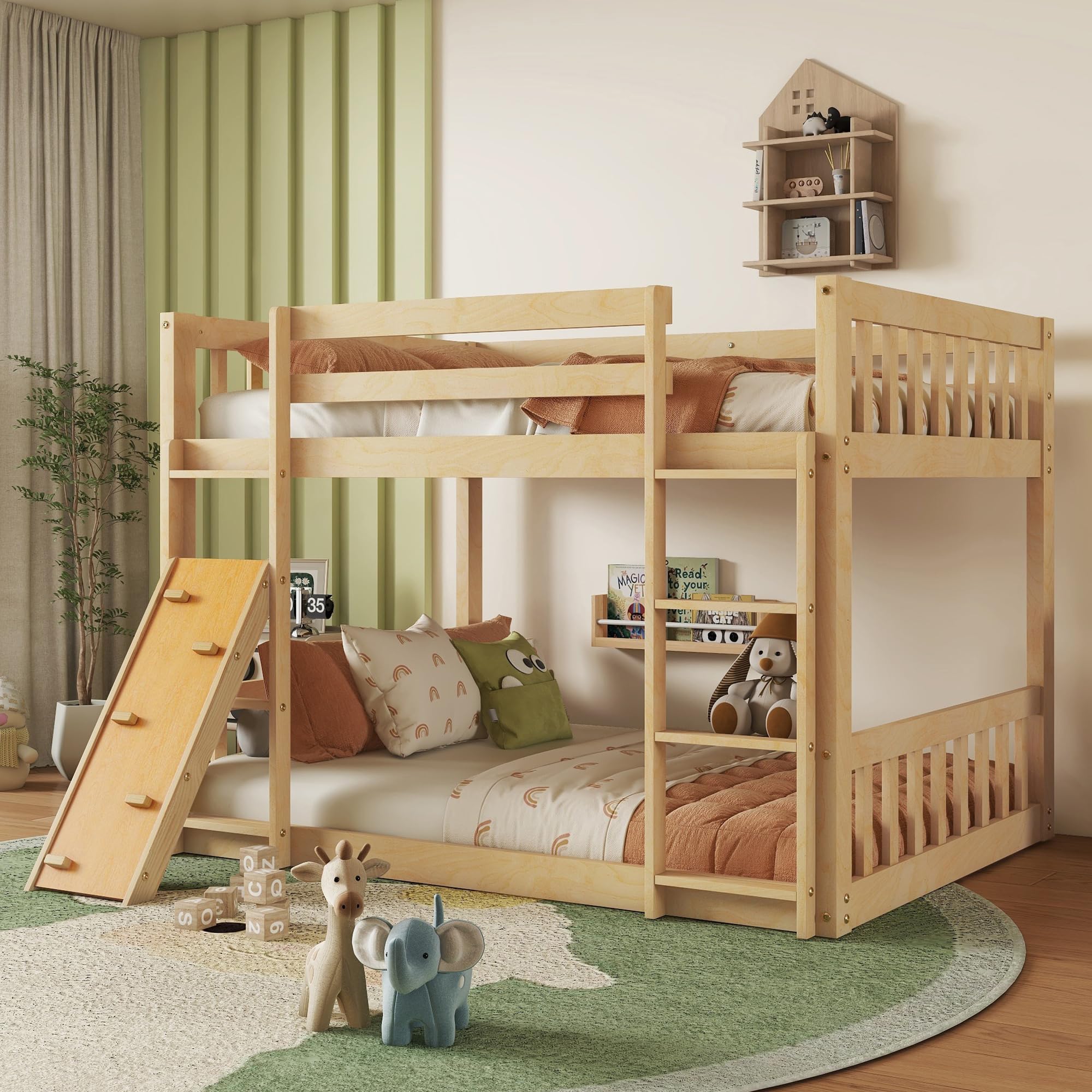 Harper & Bright Designs Twin Over Twin Bunk Bed with Climbing Ramp & Ladder - Safe Playhouse Floor Bunk Bed for Kids with Sturdy Guardrails - Natural Wood Finish - Perfect for Small Bedrooms, Shared Kids' Rooms & Sleepovers