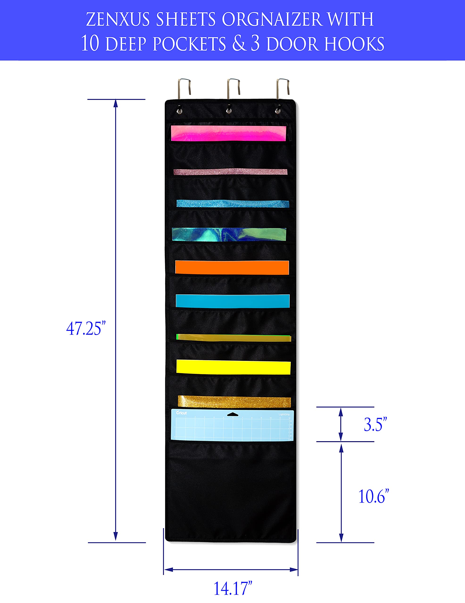 12x12 Hanging Organizer with Deep Pockets - Vinyl Storage for Cardstock, Scrapbook & Craft Paper - Includes 3 Door Hooks - Perfect for Craft Rooms, Offices & Home Organization