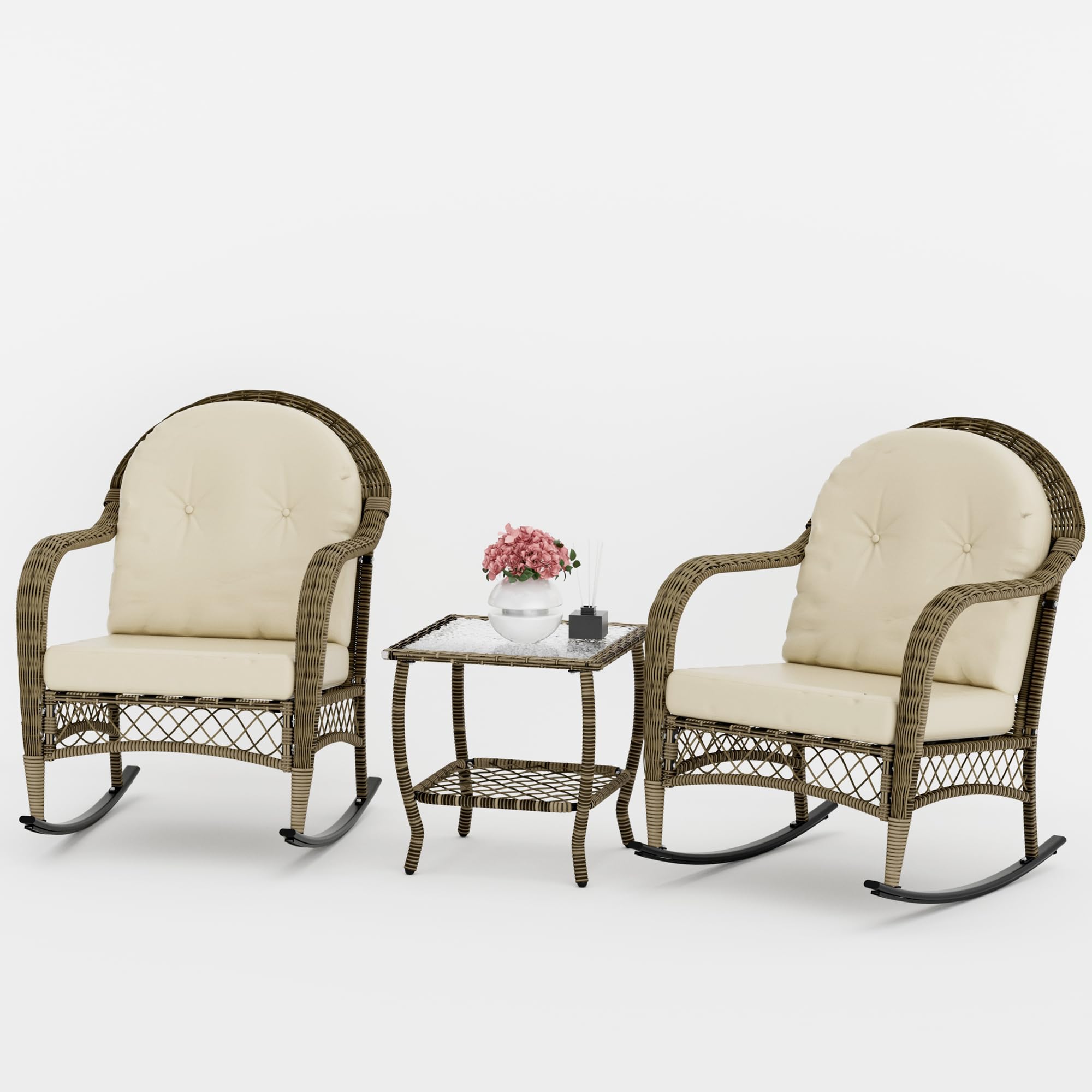 DECMICO 2-Piece Wicker Rocking Chair Set with Cushions & Side Table - 3-Piece Outdoor Patio Furniture for Backyard, Garden, Balcony - Beige Bistro Conversation Set for Relaxing & Entertaining
