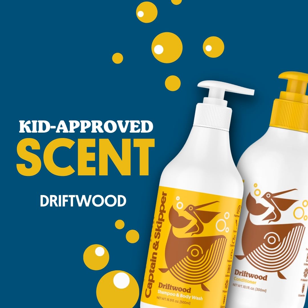 Captain & Skipper Kids Conditioner - Gentle Detangling & Moisturizing Hair Treatment for All Hair Types | Sulfate Free, Dye Free, Paraben Free, Non-toxic | Natural Driftwood Scent | Perfect for Daily Hair Care, Swim Days & Sensitive Scalps