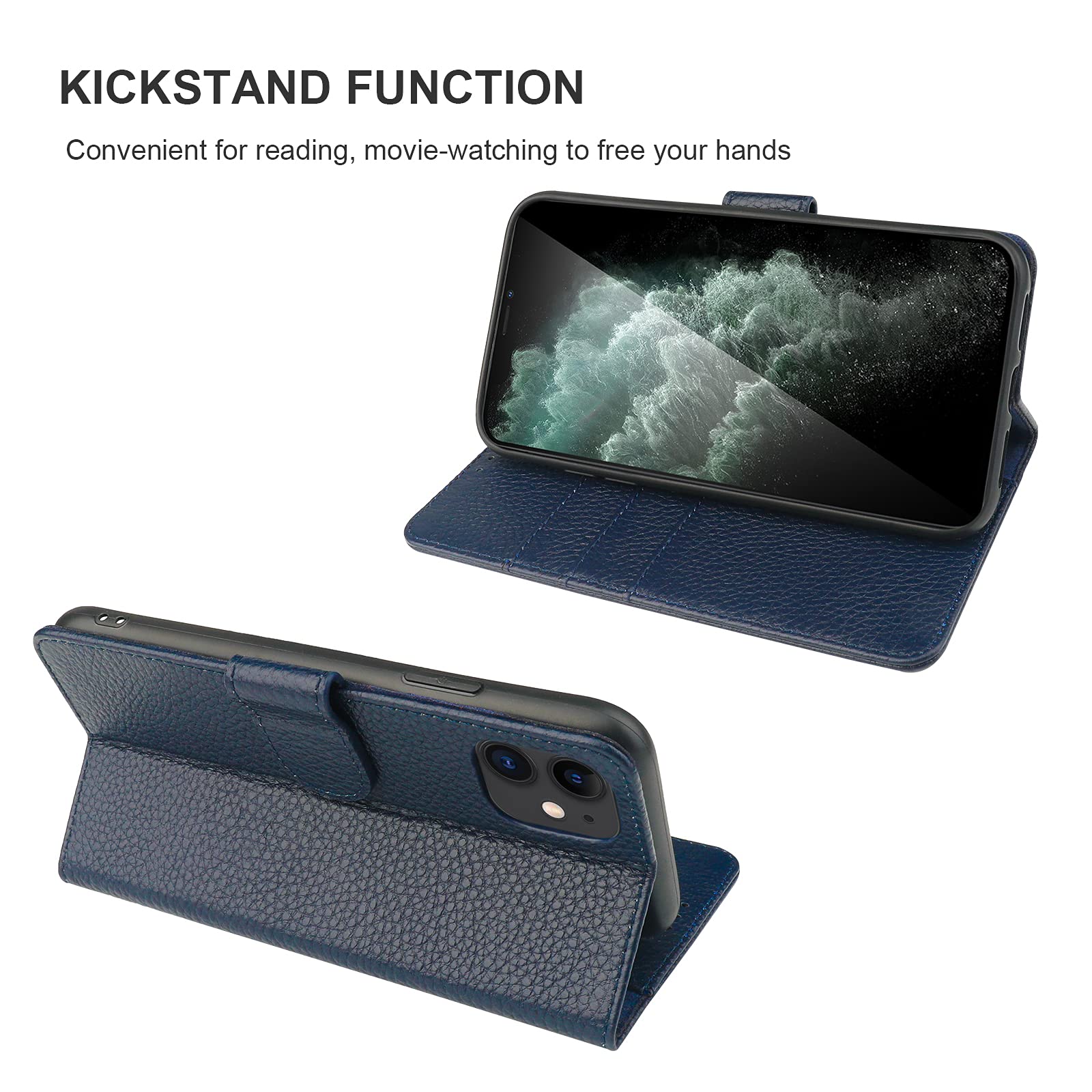 Genuine Leather Wallet Case for iPhone 11 - RFID Blocking, Wireless Charging Compatible, Credit Card Holder with Kickstand & Wrist Strap - 6.1 Inch Dark Blue Folio Cover - Perfect for Daily Use, Travel & Business Protection