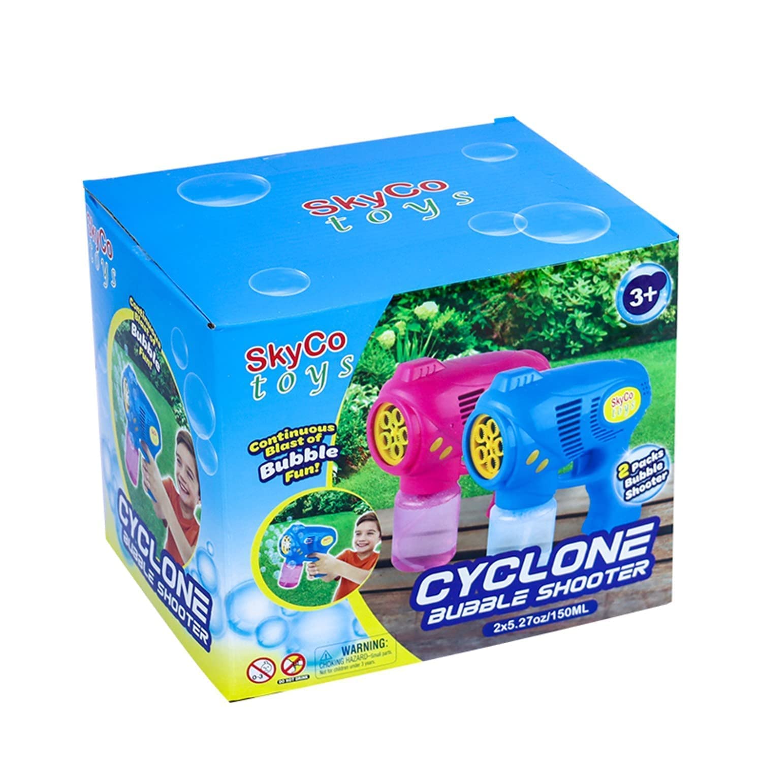 SkyCo Bubble Guns for Kids - 2pcs Pink & Blue Bubble Blasters for Outdoor Play & Parties