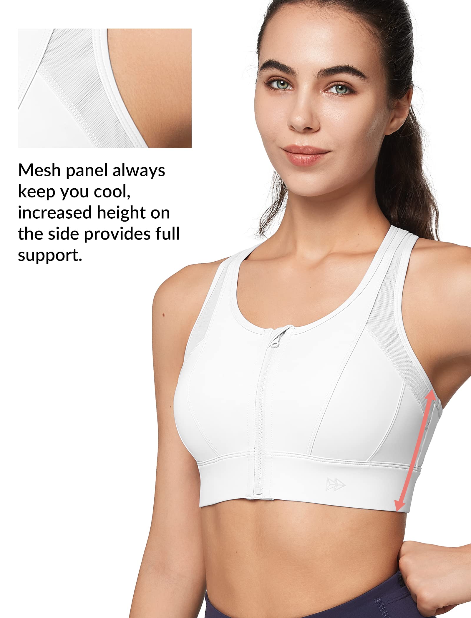 Yvette High Impact Zip Front Sports Bra - Mesh Racerback Workout Bra for Women with Large Breasts - High Support for Running, Gym & High-Intensity Training