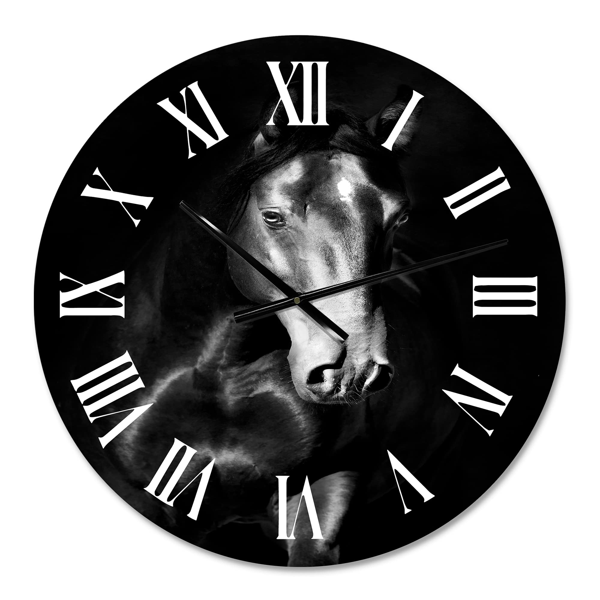 Farmhouse Wall Clock - Large Black Kladruby Horse Portrait Wall Decor for Home, Office & Living Room | Rustic Animal Themed Clock for Kitchen, Bedroom & Workspace