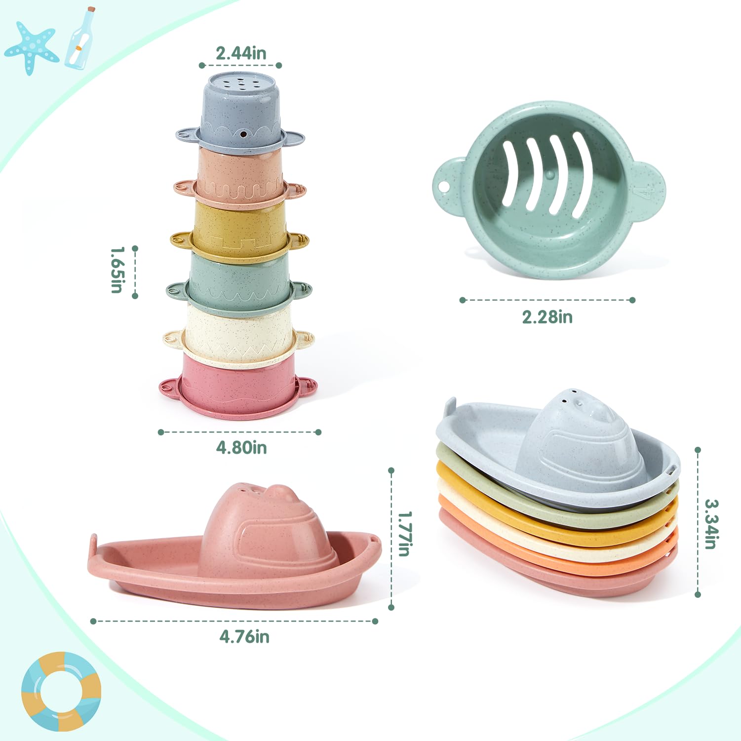 AMCHSURI 14 PCS Non-Toxic Bath Toys for Toddlers 1-3 Years - Stackable Boats & Cups, Mold-Free Bathtub Water Toys for Babies 6-12 Months - Early Learning Educational Gift for Sensory Play & Bathtime Fun