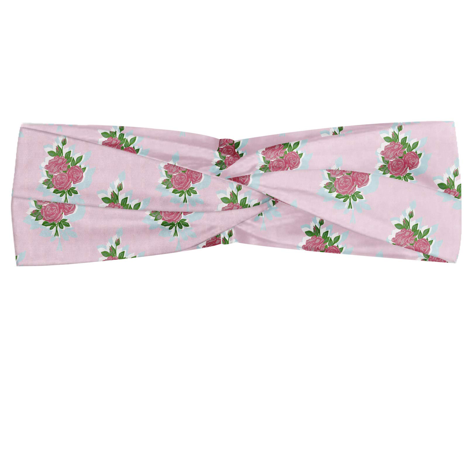 ABAKUHAUS Rose Headband - Vintage 80s Romantic Floral Hair Accessory with Pastel Roses, Soft Elastic Bandana for Women | Perfect for Workouts, Yoga, Beach & Everyday Fashion