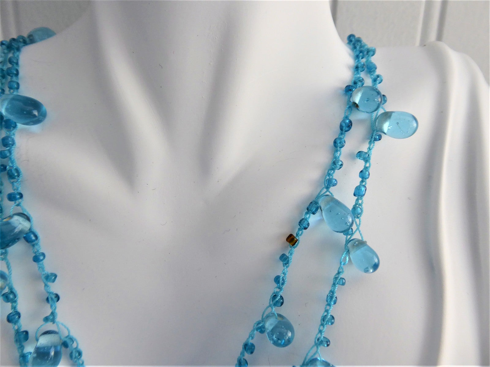 Handmade Turquoise Blue Art Glass Necklace - Unique Crocheted Teardrop Pendant - Glacier Ice Blue Jewelry for Women - Perfect for Boho Chic, Beach Wedding & Gift Giving