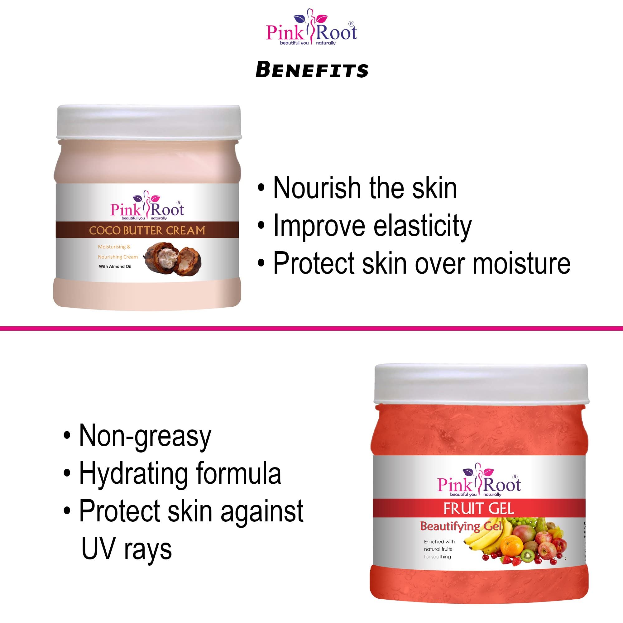 Organic Pink Root Cocoa Butter Cream & Fruit Gel Set - 500g Each - Deep Moisturizing for Dry Skin - Perfect for Massage, Stretch Marks & Skin Repair - Spa & Home Skincare Essential