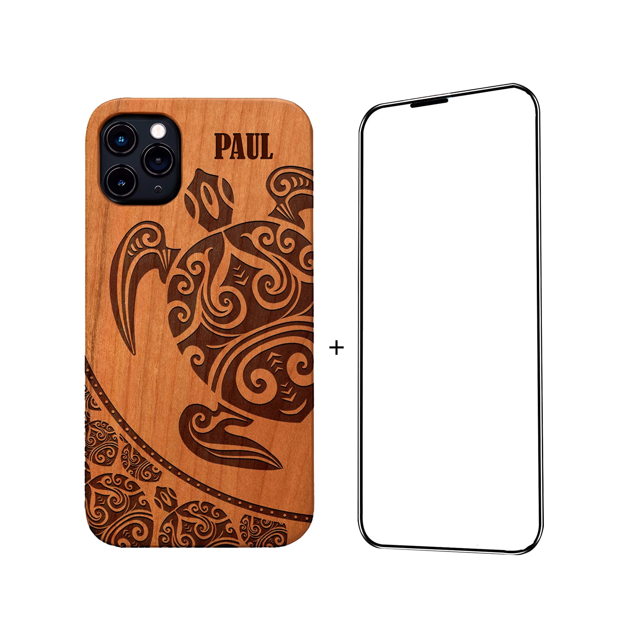 Personalized Engraved Wood Phone Case with Free Tempered Glass Screen Protector for iPhone 16/15/14/13/12/11 & Samsung Galaxy S20/S21/S22/S23/S24 - Hawaiian Turtle Design | Custom Name/Photo/Pattern Options | Perfect Gift for Holidays, Birthday & Anniversary Protection