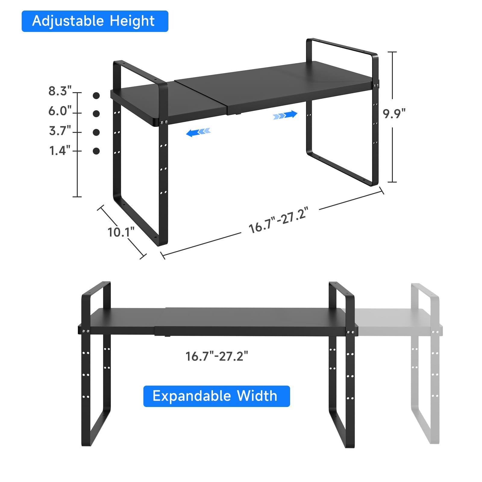 Expandable Cabinet Shelf Organizer - Stackable Kitchen Pantry Storage, Adjustable Closet & Cupboard Rack with 80LBS Capacity - Black Large 2 Pack for Spice Organization, Countertop & Bathroom Storage