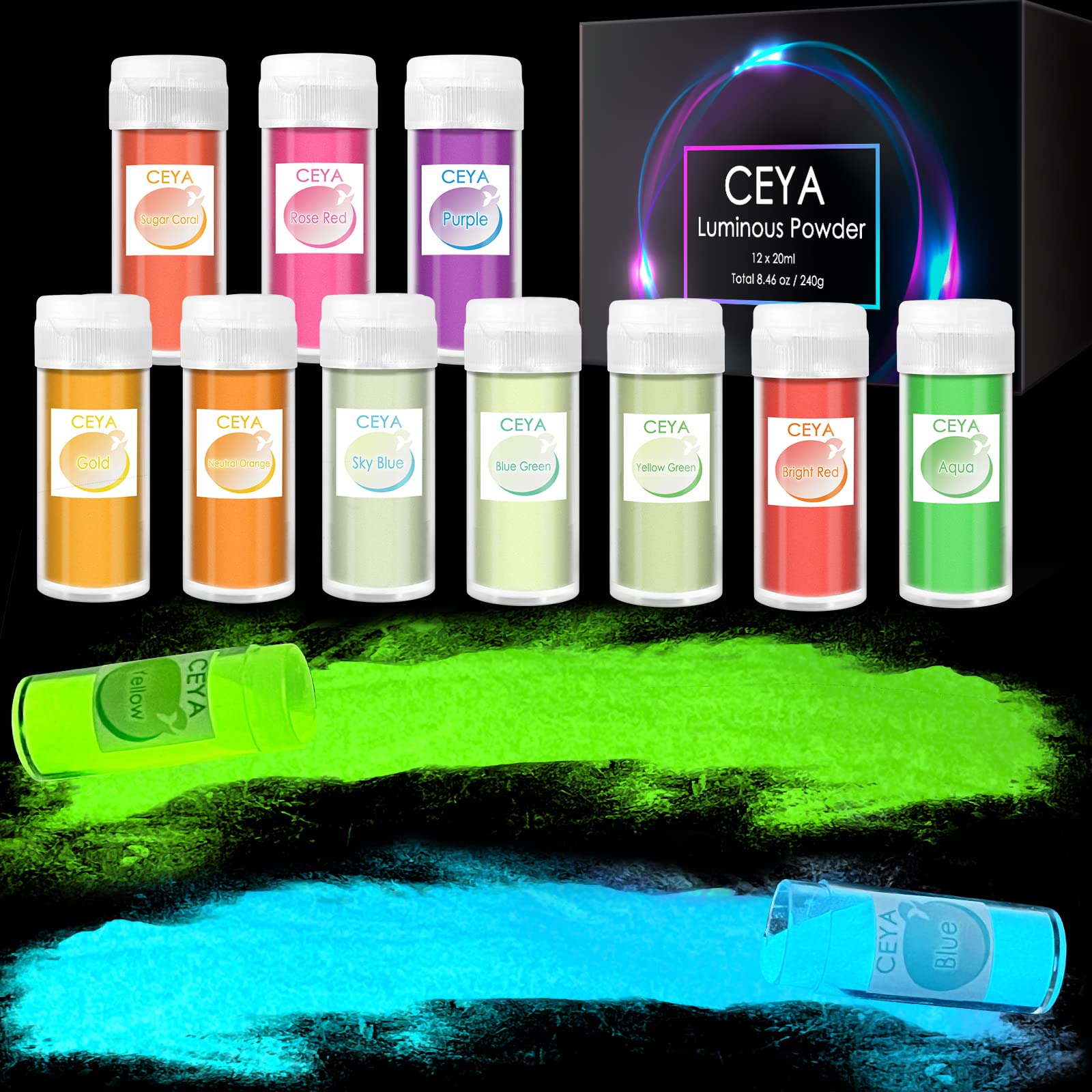 12 Colors Ceya Glow in The Dark Powder Set - 8.46oz/240g Luminous Pigment for Resin, Slime, Acrylic Paint & Nail Art - DIY Crafts, Party Decorations & Nighttime Projects - Fluorescent Epoxy Dye for Creative Arts & Home Decor