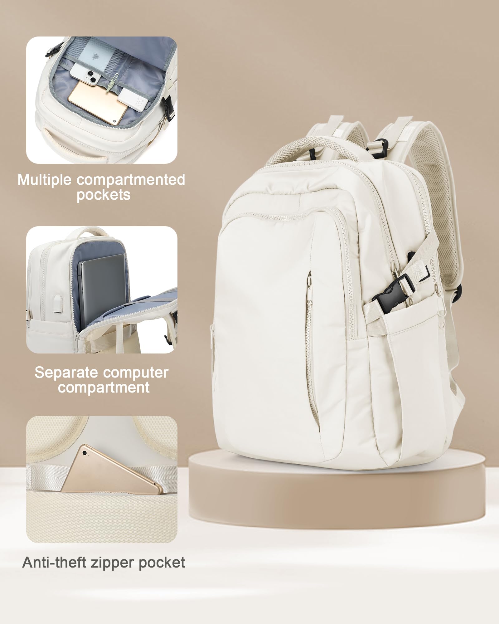 Suwasp Large Airline Approved Carry On Backpack for Women & Men - TSA Compliant Personal Item Bag for Frontier Airlines & Flights, Durable Travel Backpack with Spacious Compartments - Perfect for Business Trips, Weekend Getaways & Commuting (White)