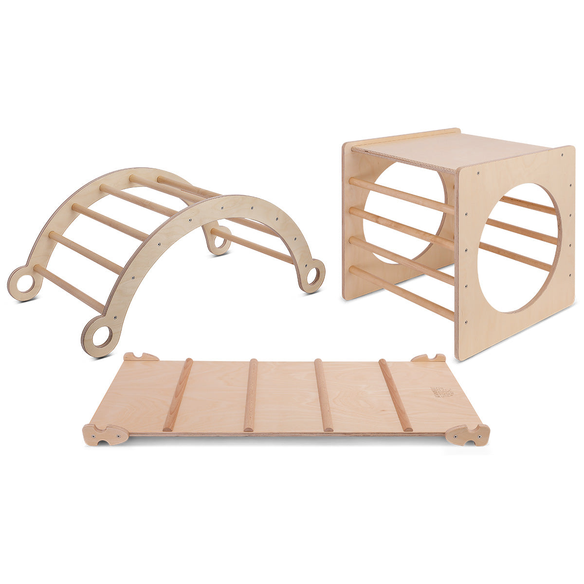 Pikler Triangle Climbing Set with Slide, Arch & Cube - Montessori Wooden Climbing Gym for Toddlers - Indoor & Outdoor Playroom Activity for Kids 1-6 Years Old