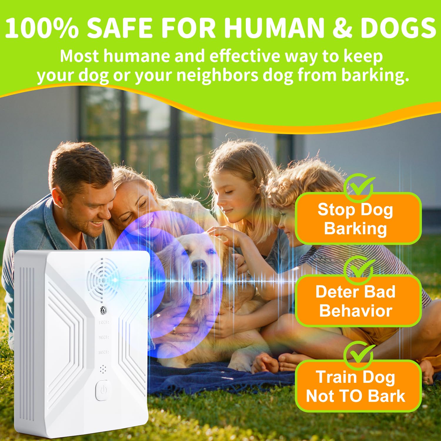 Rechargeable Ultrasonic Dog Bark Deterrent Device - 3 Modes, 50ft Range, Waterproof Anti Barking Control for Indoor & Outdoor Use - Safe Sonic Bark Silencer for Dogs & Humans - Perfect for Training, Yard Security, and Peaceful Home Environment