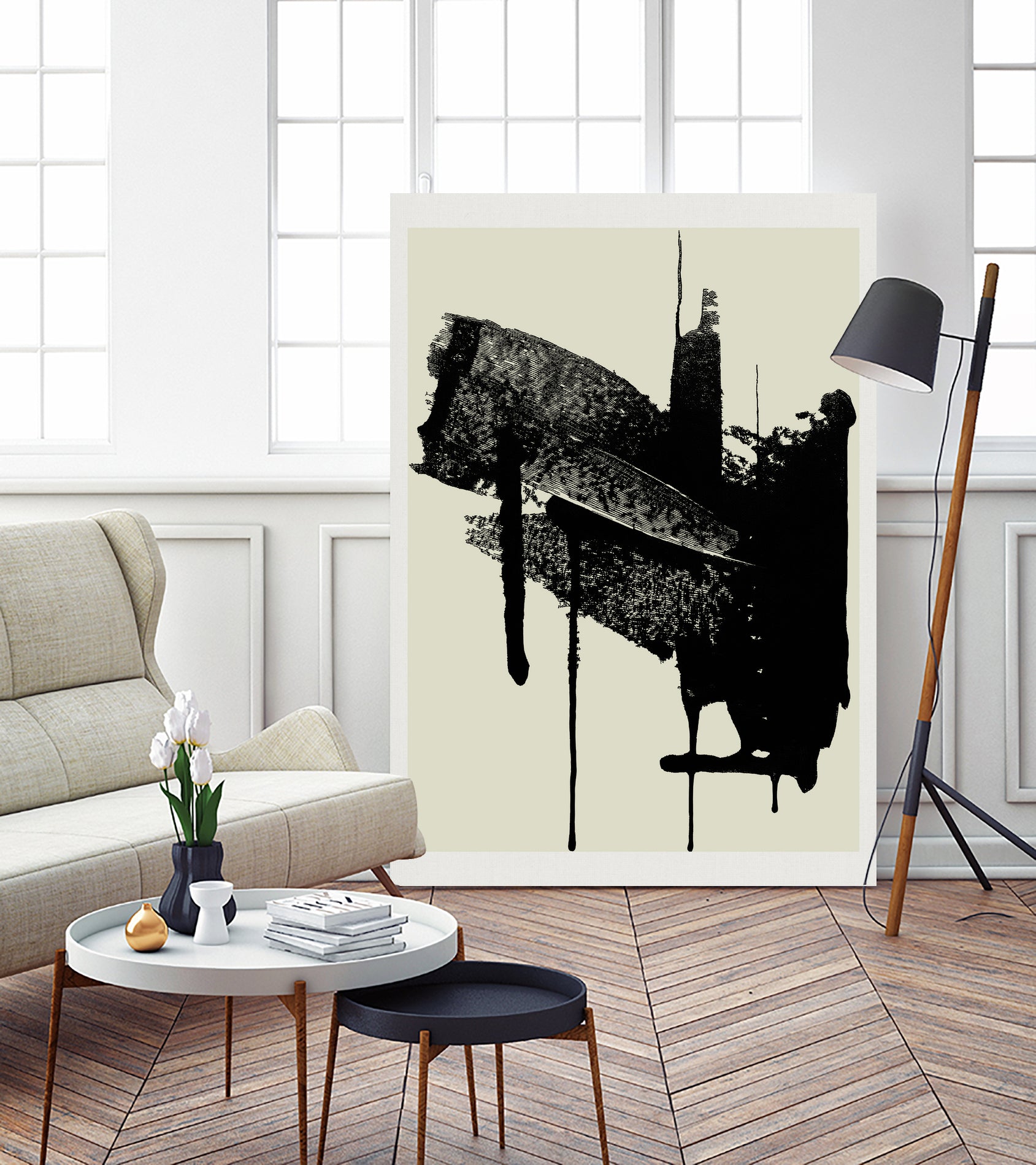 Abstract Brushstrokes Wall Art in Black and Cream - Modern Canvas Painting for Living Room, Bedroom & Office Decor