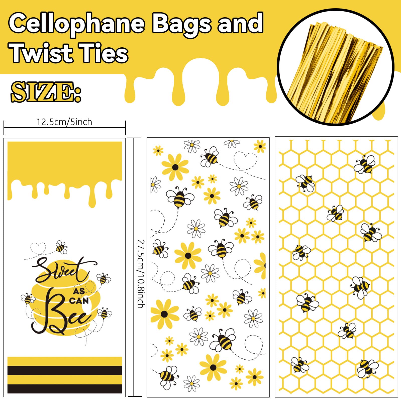 Whaline 150Pcs Spring Bee Party Favor Bags - 3 Adorable Honey Bee Design Cellophane Treat Bags with Gold Twist Ties for Candy, Goodies & Party Supplies | Perfect for Birthday Celebrations, Baby Showers & Spring Themed Events