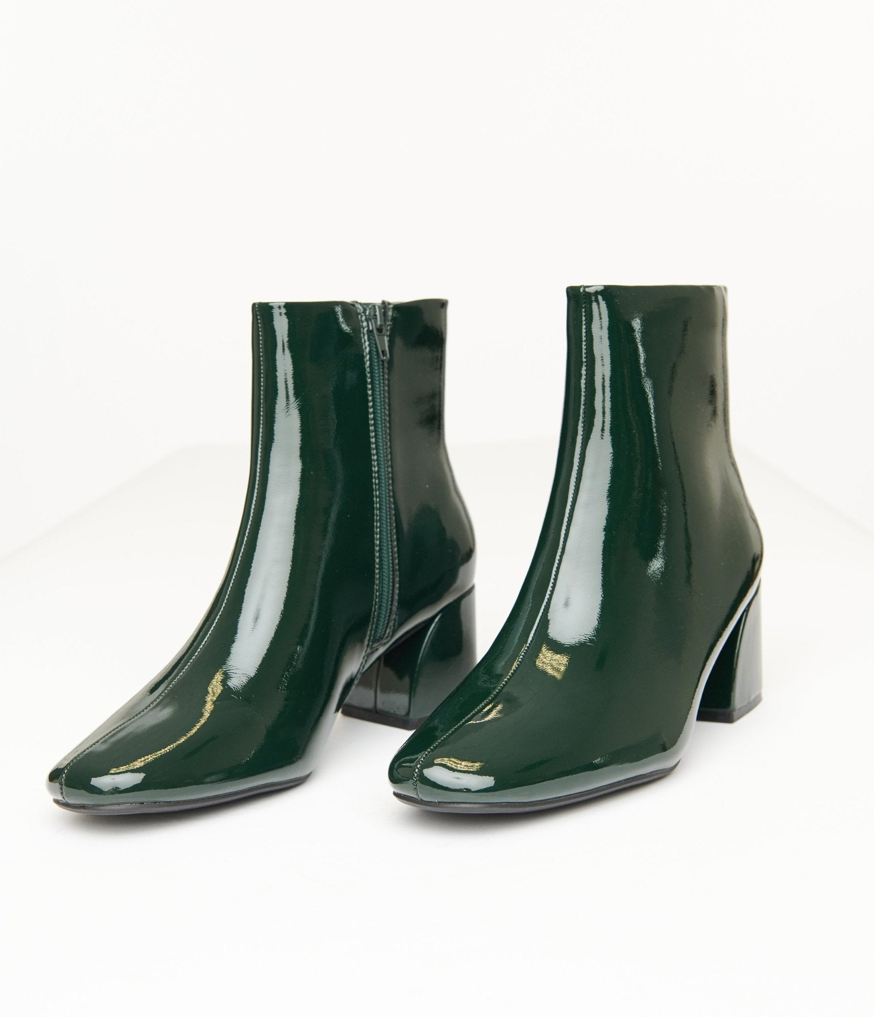 Stylish Dark Green Patent Leatherette Ankle Booties for Women - Trendy Pointed Toe Chunky Heel Boots - Perfect for Office, Party & Fall/Winter Fashion