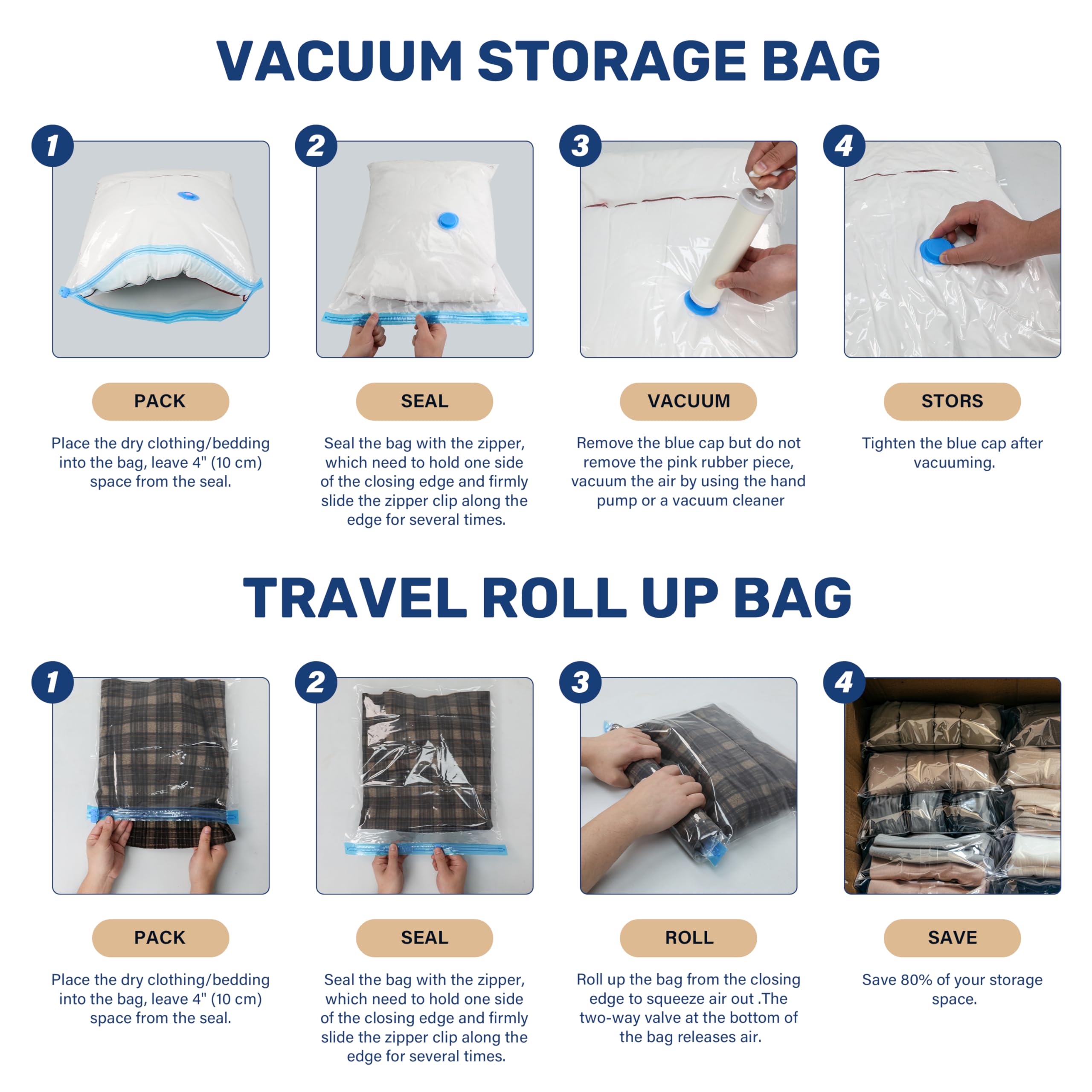 Simple Deluxe 8 Jumbo Vacuum Storage Bags with Hand Pump - Space Saving Solution for Comforters, Blankets, Bedding, Pillows & Clothes | Perfect for Seasonal Storage, Travel & Home Organization