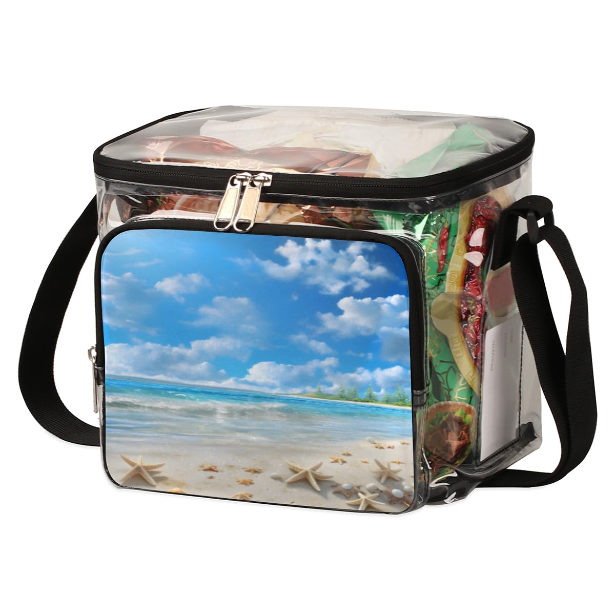 GzLeyigou Clear Transparent Tote Bag with Handles - Blue Sky Beach Starfish Shell Design - Crossbody Shoulder Bag & Lunch Tote for Outdoor Activities, Travel, Picnic, Concerts & Sports Events (Stadium Approved) - Perfect for Beach Days, Music Festivals and Summer Adventures
