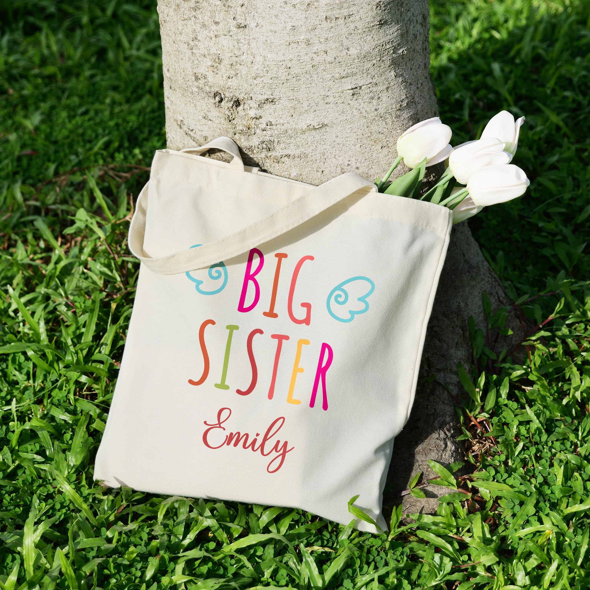 Personalized Baby Shower Gifts for Big Sister - Custom Name & Little Wings Canvas Tote Bag - Unique Present for Soon-to-Be Sister, Daughter, Granddaughter, Niece (Design 06, Beige, Medium) - Perfect for Baby Showers, Birthday Gifts & Special Occasions