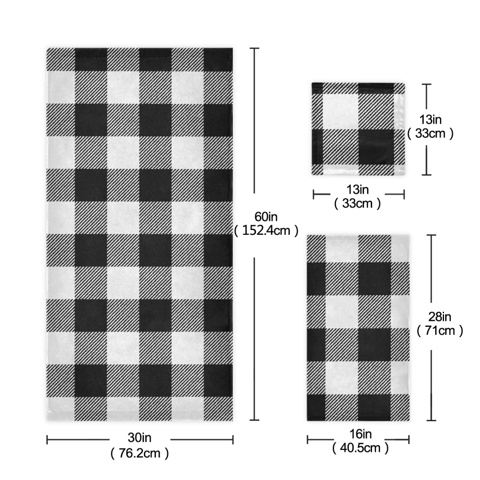 Qilmy Plaid Buffalo Women's Towel Set of 3 - Soft Absorbent Bath Towels for Face & Hands, Luxury Washcloths for Bathroom, Home & Shower (White and Black) - Perfect for Spa Days, Guest Bathrooms & Cozy Home Decor