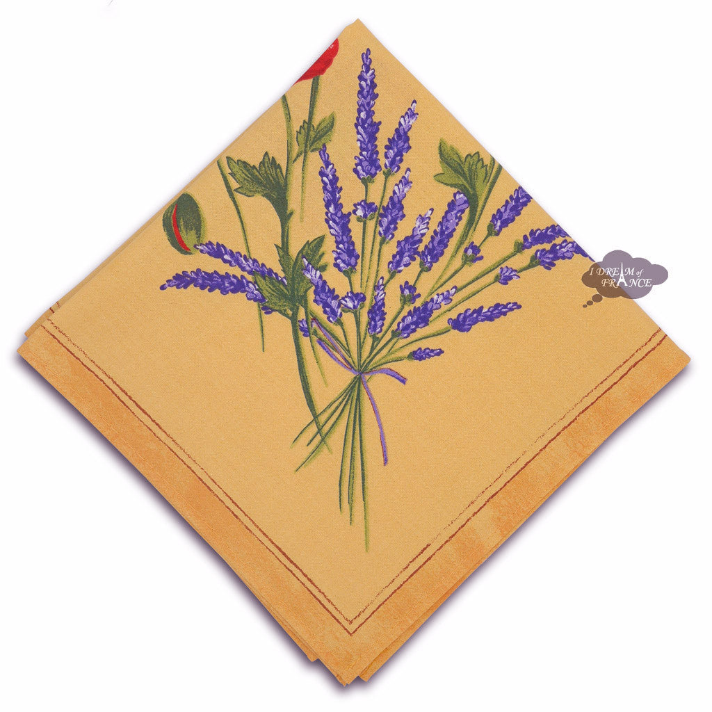 Tissus Toselli Yellow Provence Cotton Napkins - Set of 4 French Country Style Poppy Print Table Linens for Farmhouse Dining & Kitchen Decor