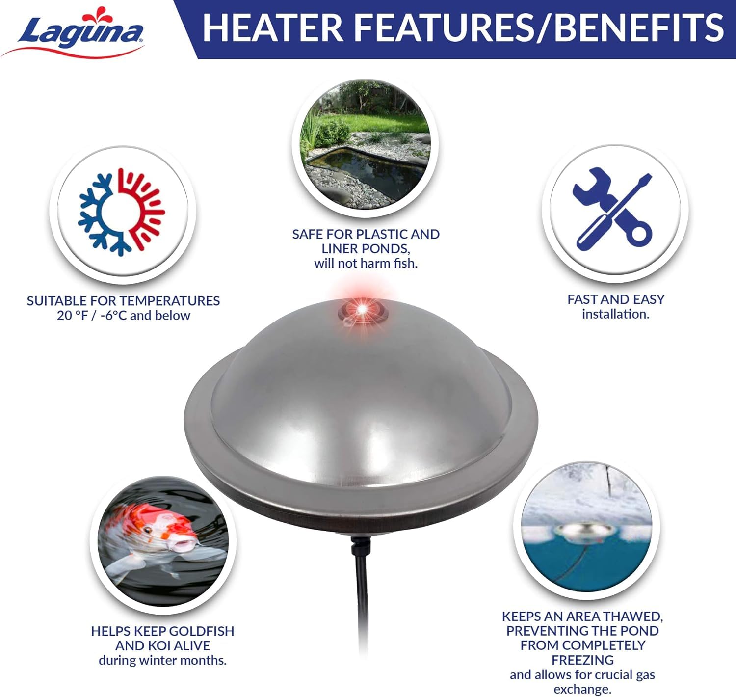 Laguna PowerHeat 500-Watt Pond Heater for Outdoor Ponds with Fish – Thermostat-Controlled De-Icer, Safe for Plastic & Liner Ponds, Stainless Steel, 22 ft Cord – Keep Your Fish Safe in Winter for Koi, Goldfish & Aquatic Plants