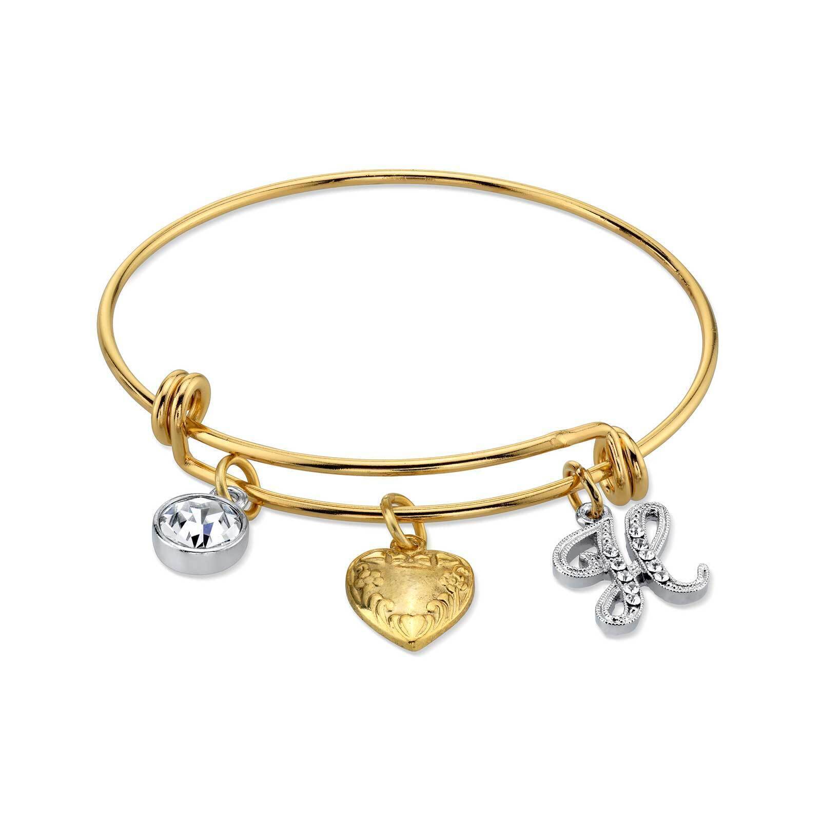 1928 Gold Heart Initial Crystal Charm Bangle Bracelet for Women - Personalized Name Jewelry Gift for Her - Perfect for Valentine's Day, Anniversary & Special Occasions
