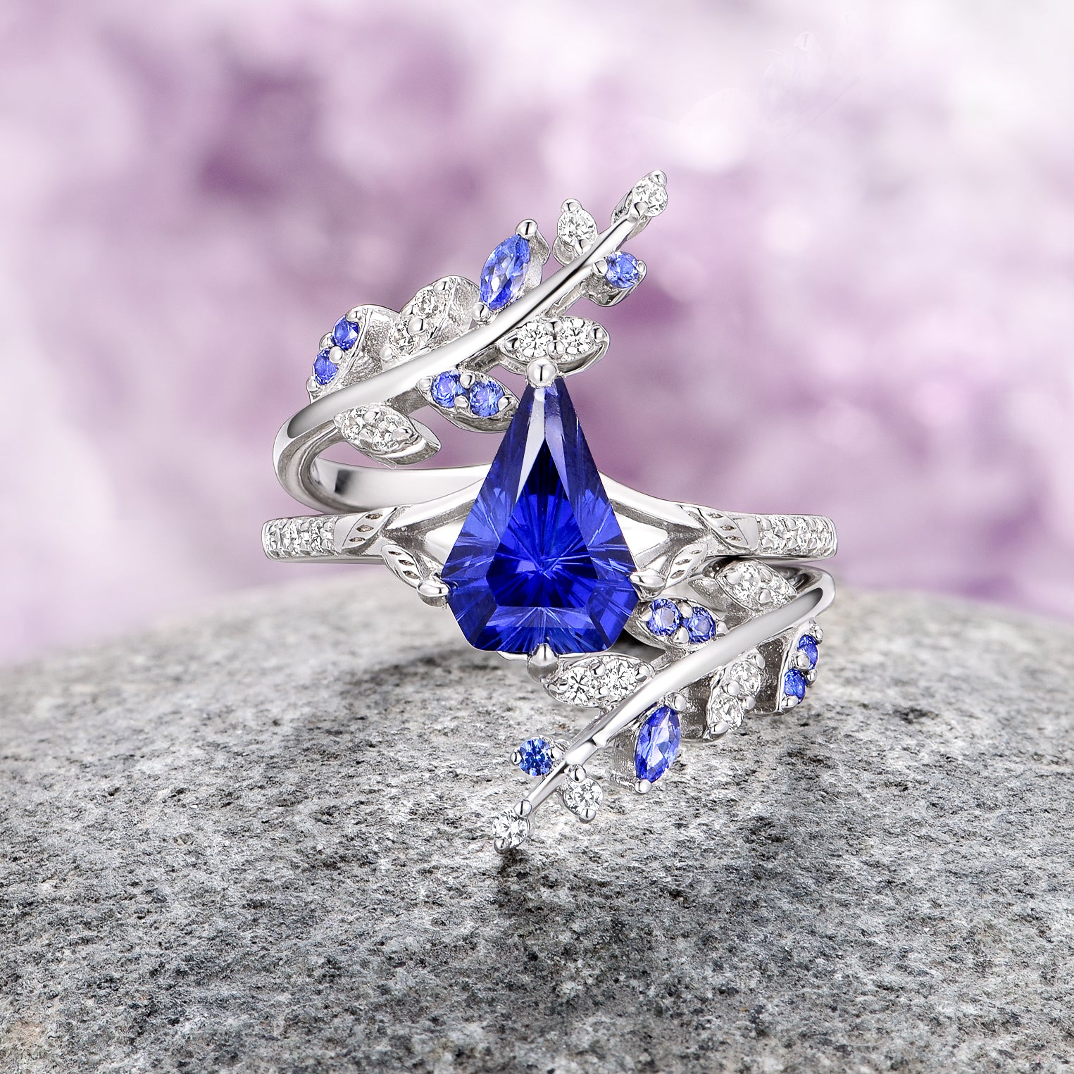 Fantasy Shield Cut Sapphire Leaf Couple Ring - Elegant Matching Wedding Band for Him & Her - Perfect for Anniversaries, Engagements, and Romantic Gifts