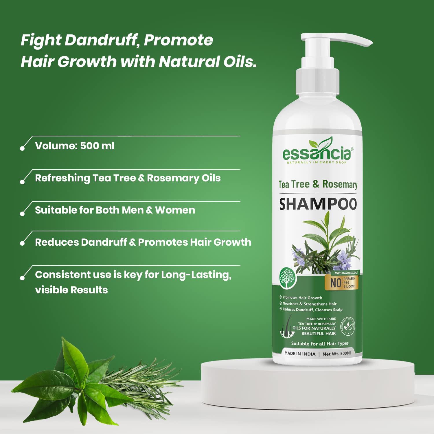 Essencia Tea Tree & Rosemary Oil Shampoo for Dandruff Control & Hair Growth - Sulfate Free, Paraben Free, Silicone Free Formula (500ml) | Gentle Daily Use for Men & Women | Perfect for Scalp Care & Thicker Hair