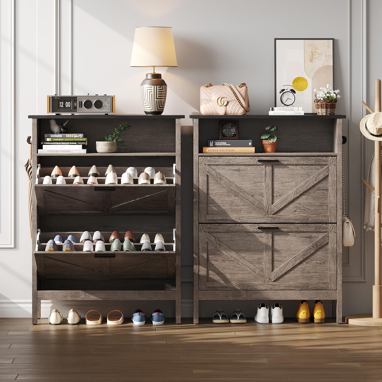 Shoe Storage Cabinet with 2 Flip Drawers - Automatic Deodorizing Shoe Organizer - Freestanding Grey Shoe Rack for Closet, Entryway & Bedroom Organization