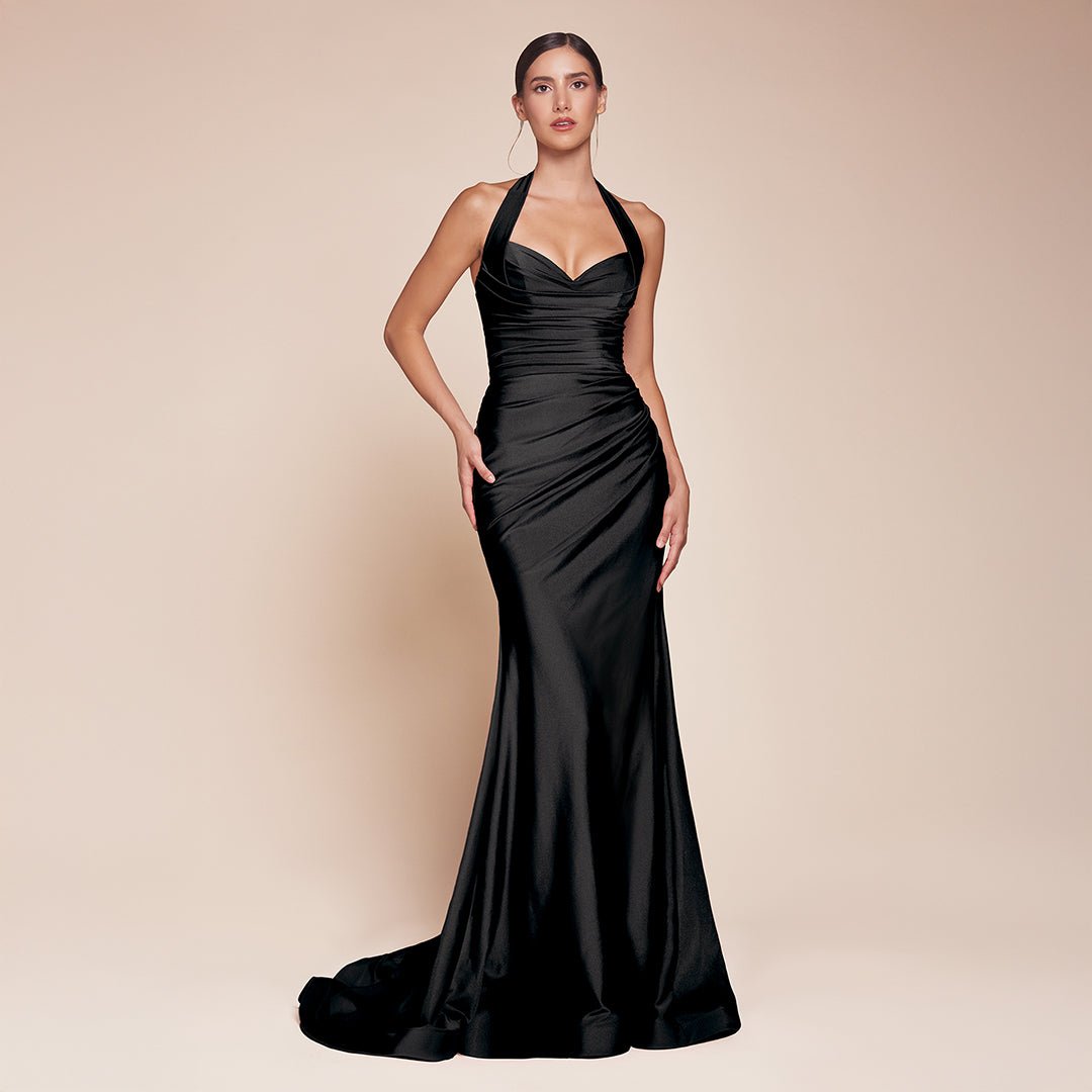 Ladivine by Cinderella Divine Black Satin Halter Prom Gown - Elegant Formal Dress for Homecoming, Ball, and Special Occasions