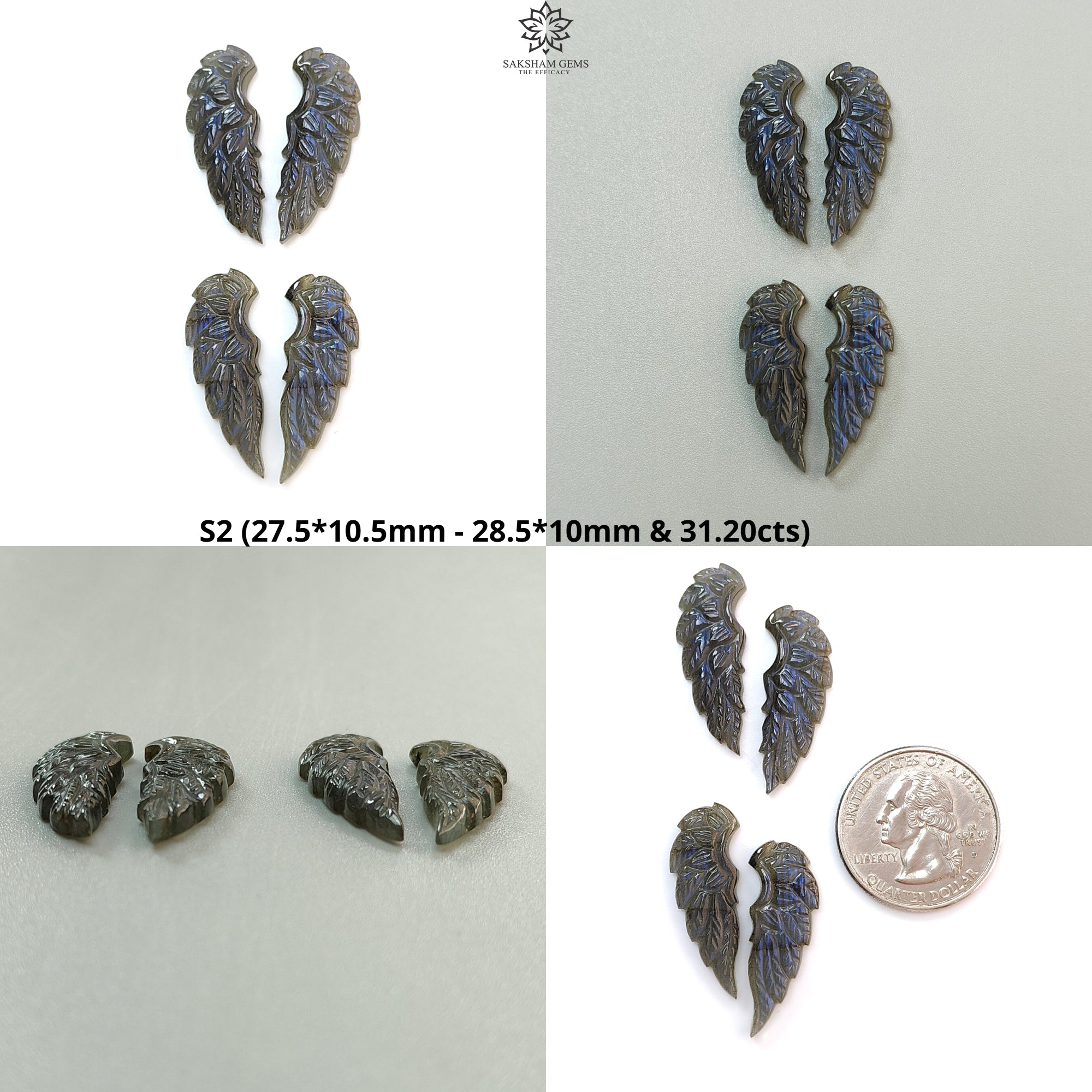 Natural Blue Labradorite Gemstone Carving - Untreated Handcrafted Angel Wings Jewelry Set (4pcs) | Perfect for Necklace Pendants, Wire Wrapping & Spiritual Healing Jewelry Making