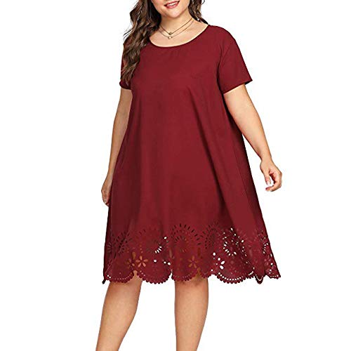 Plus Size Casual Short Sleeve Hollow Out O-Neck Solid Dress for Women - Birthday Party, Summer Outfits, Beach Wear & Everyday Fashion