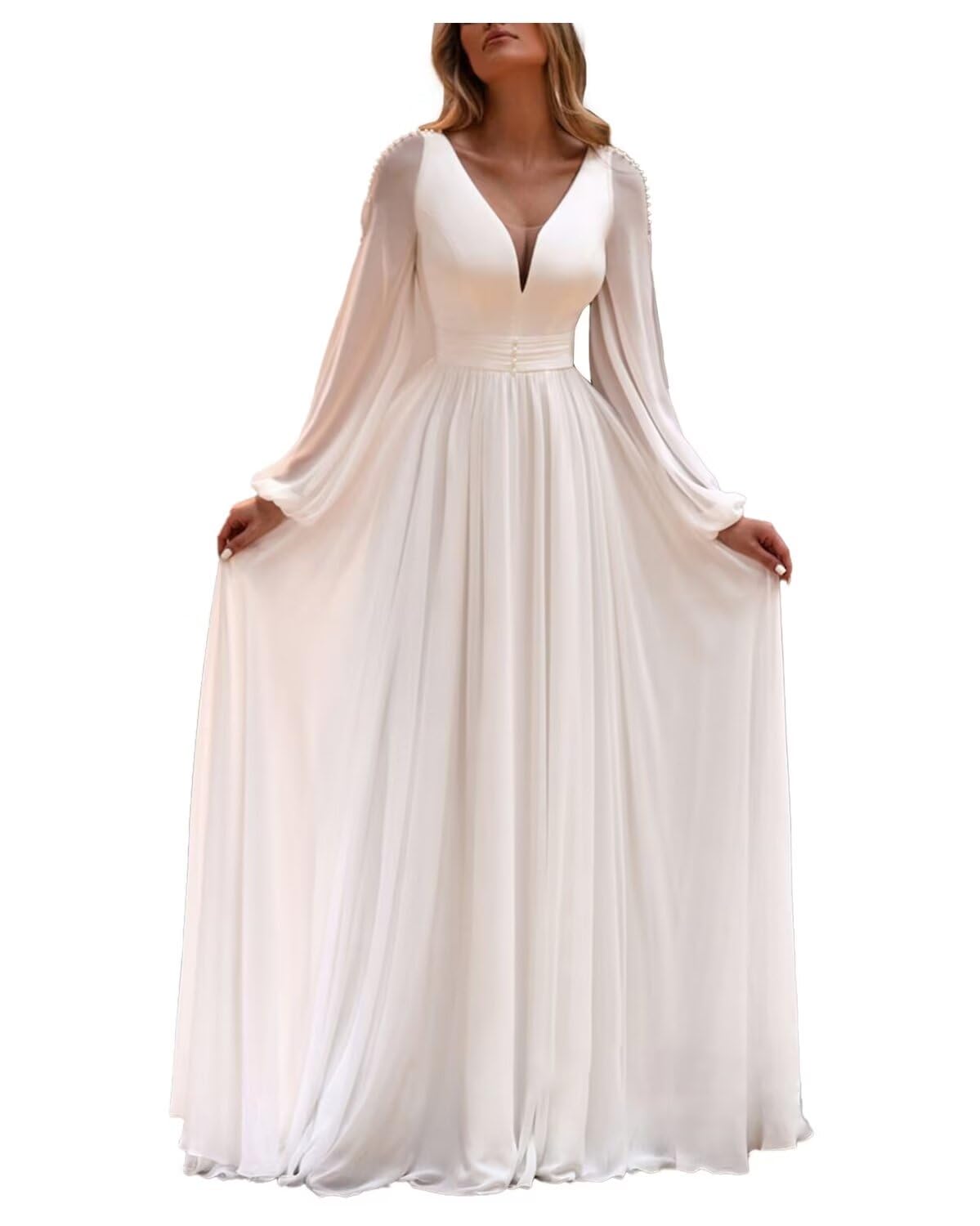Elegant Chiffon Wedding Dress for Women - Sexy V-Neck Long Sleeve Bridal Gown with Beading & Pleats | Perfect for Church Ceremony, Beach Wedding & Formal Reception