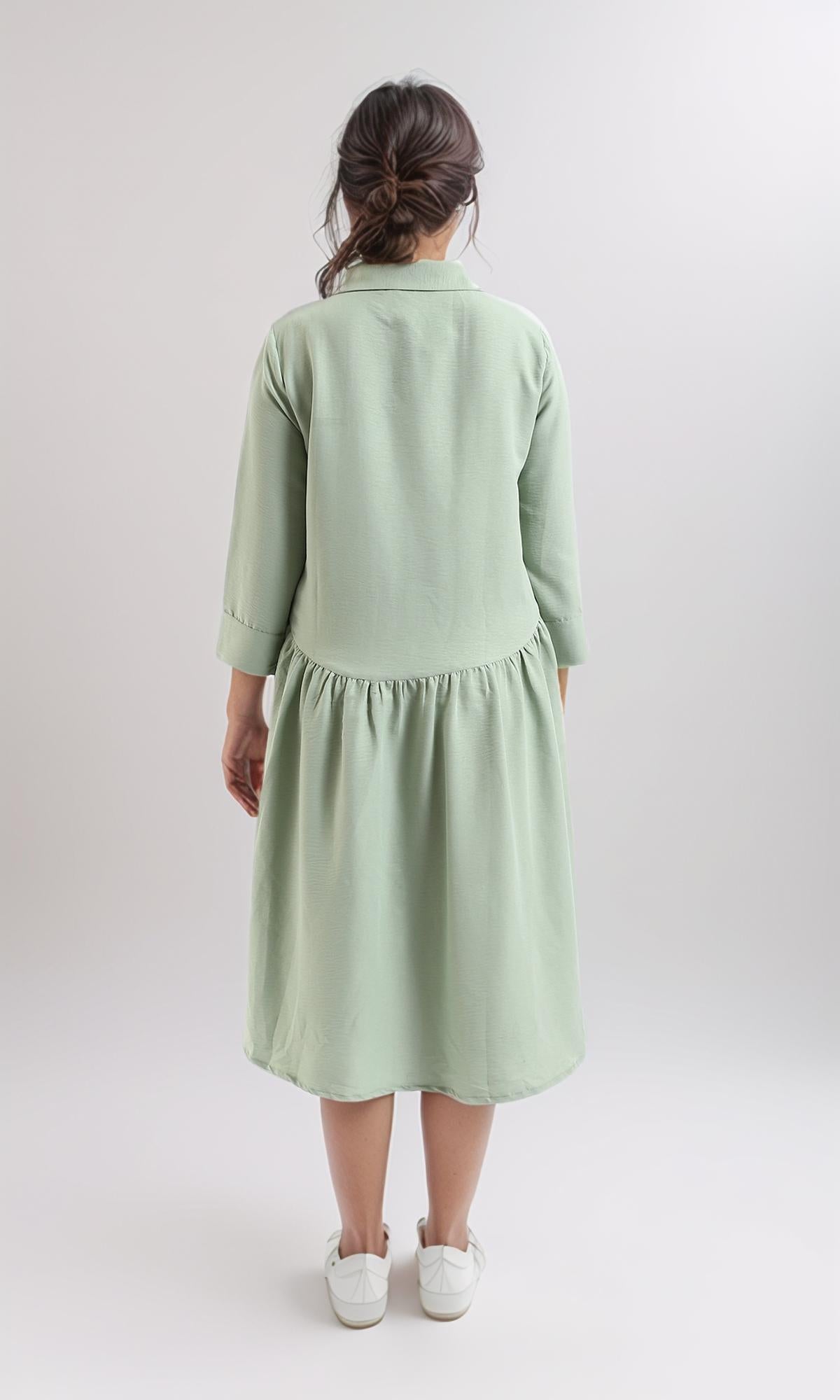 R208473 3/4 Sleeves Summer Buttoned Dress in Dark Mint Green - Perfect for Beach Vacations, Garden Parties & Casual Outings
