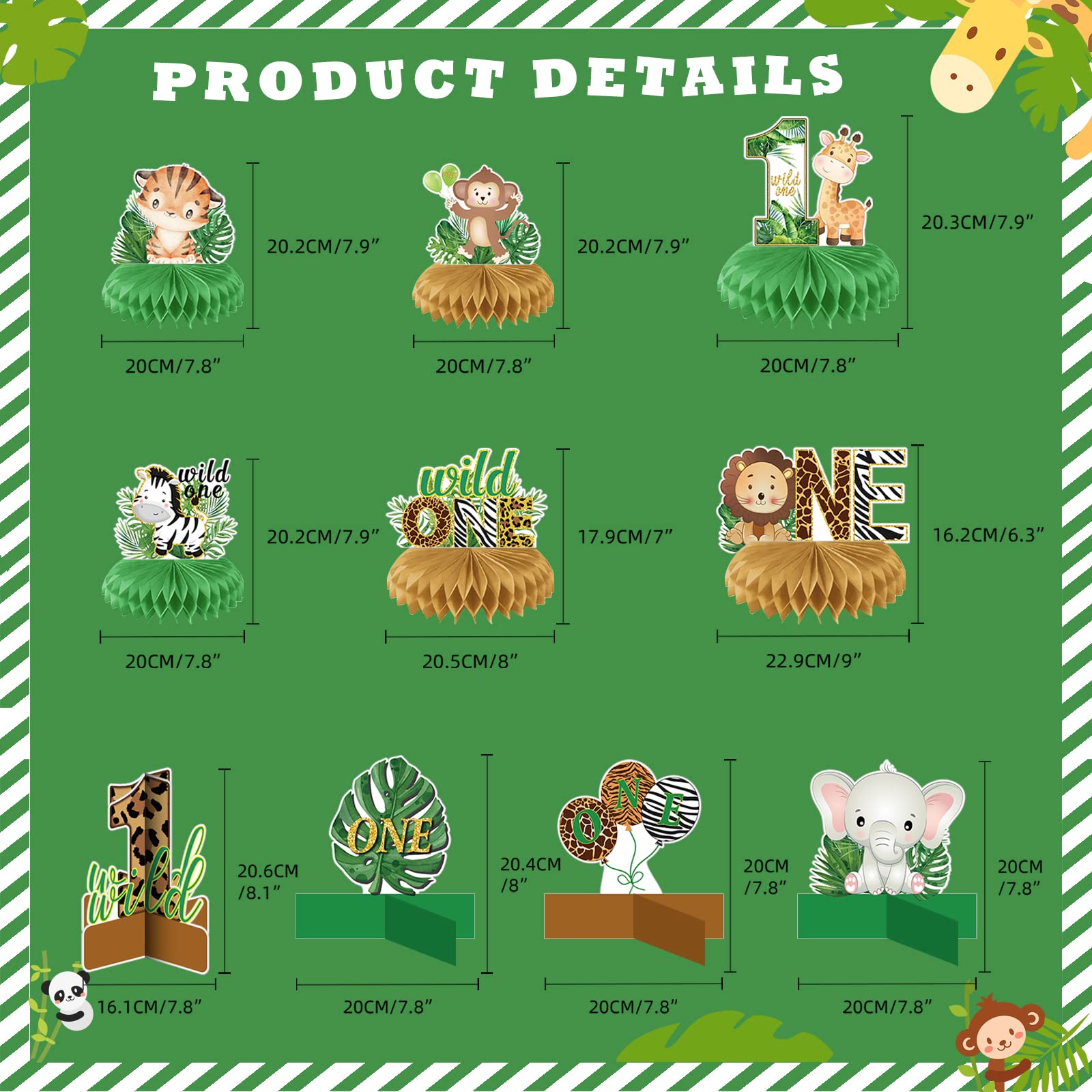 10-Pack Wild One Honeycomb Centerpieces - 3D Double-Sided Jungle Animal Decor for Birthday, Baby Shower & Safari Themed Parties - Perfect for Boys/Girls Tablescapes & Nursery Decorations