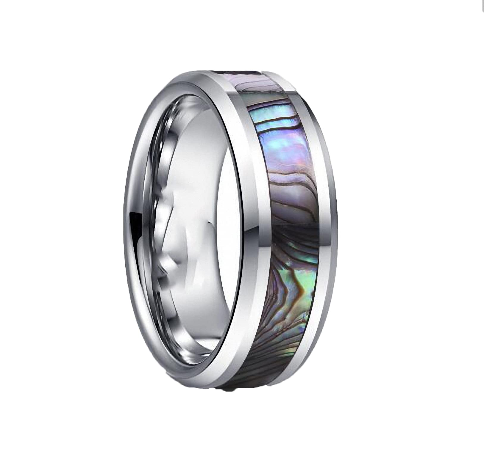 8mm Wide Tungsten Carbide Wedding Band for Men - Steel Grey with Abalone Shell Inlay - Durable Scratch Resistant Ring for Engagement, Anniversary & Everyday Wear