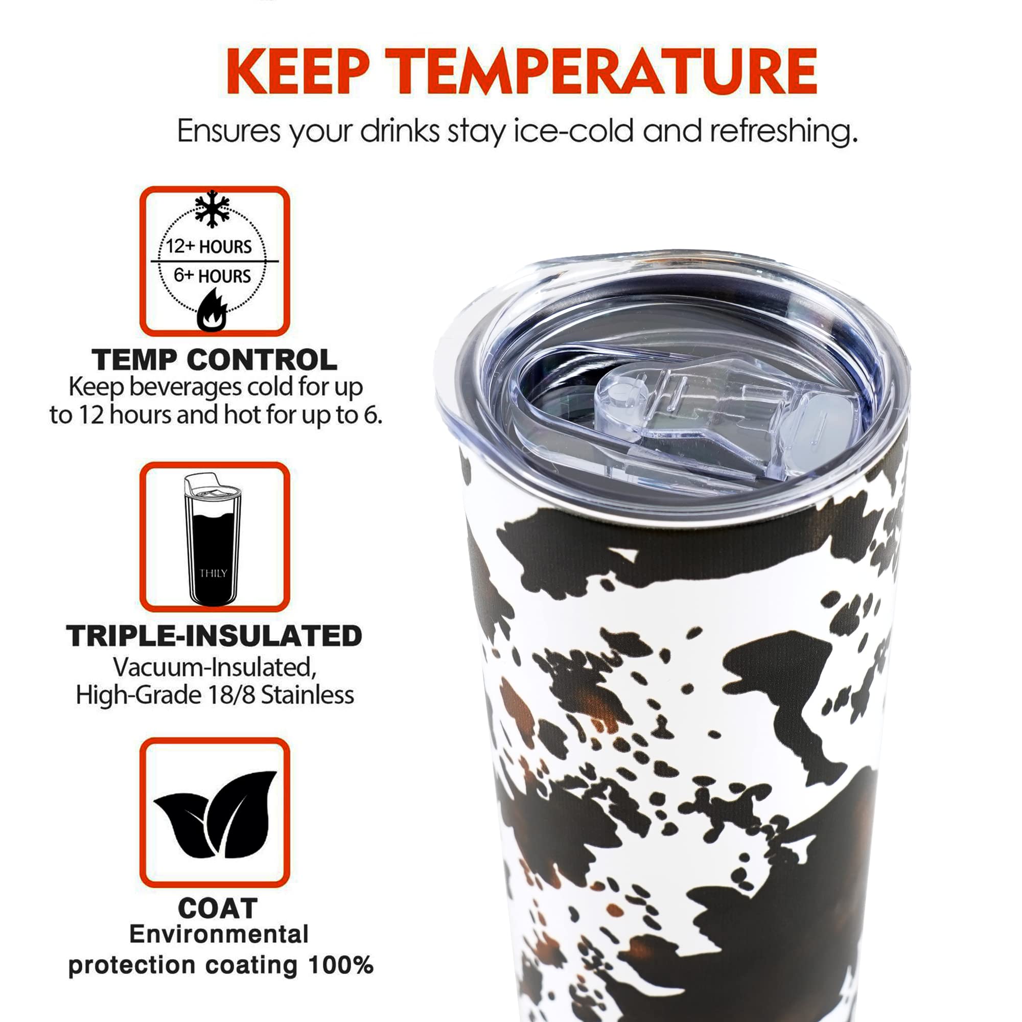 **20oz Cow Print Skinny Tumbler with Lid & Straw - Insulated Stainless Steel Travel Mug - Double Wall Coffee Cup - Perfect for Office, Gym, Travel - Great Birthday Gift for Women, Mom, Sister & Friends**