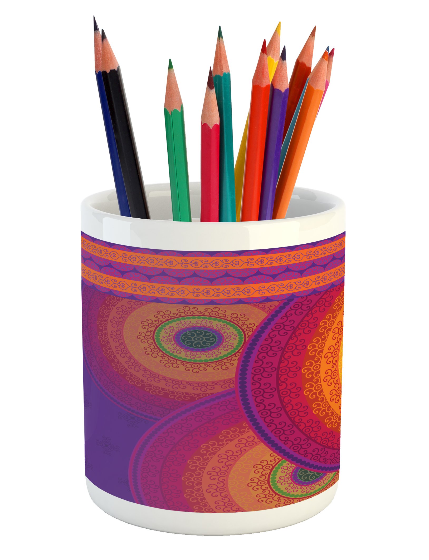 Ambesonne Oriental Ceramic Pen Holder with Colorful Mandala Design - South Folklore Inspired Bullseye Circles - Desk & Office Organizer for Pencils, Pens & Stationery - Perfect for Home Office, Study Desk & Gift Giving