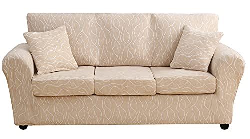 LANSHENG Floral Stretch Sofa Cover - 3 Cushion Couch Protector, 4-Piece Elastic Polyester Spandex Slipcover for 3-Seater Sofa (Khaki) - Perfect for Living Room Decor, Pet Protection & Furniture Refresh