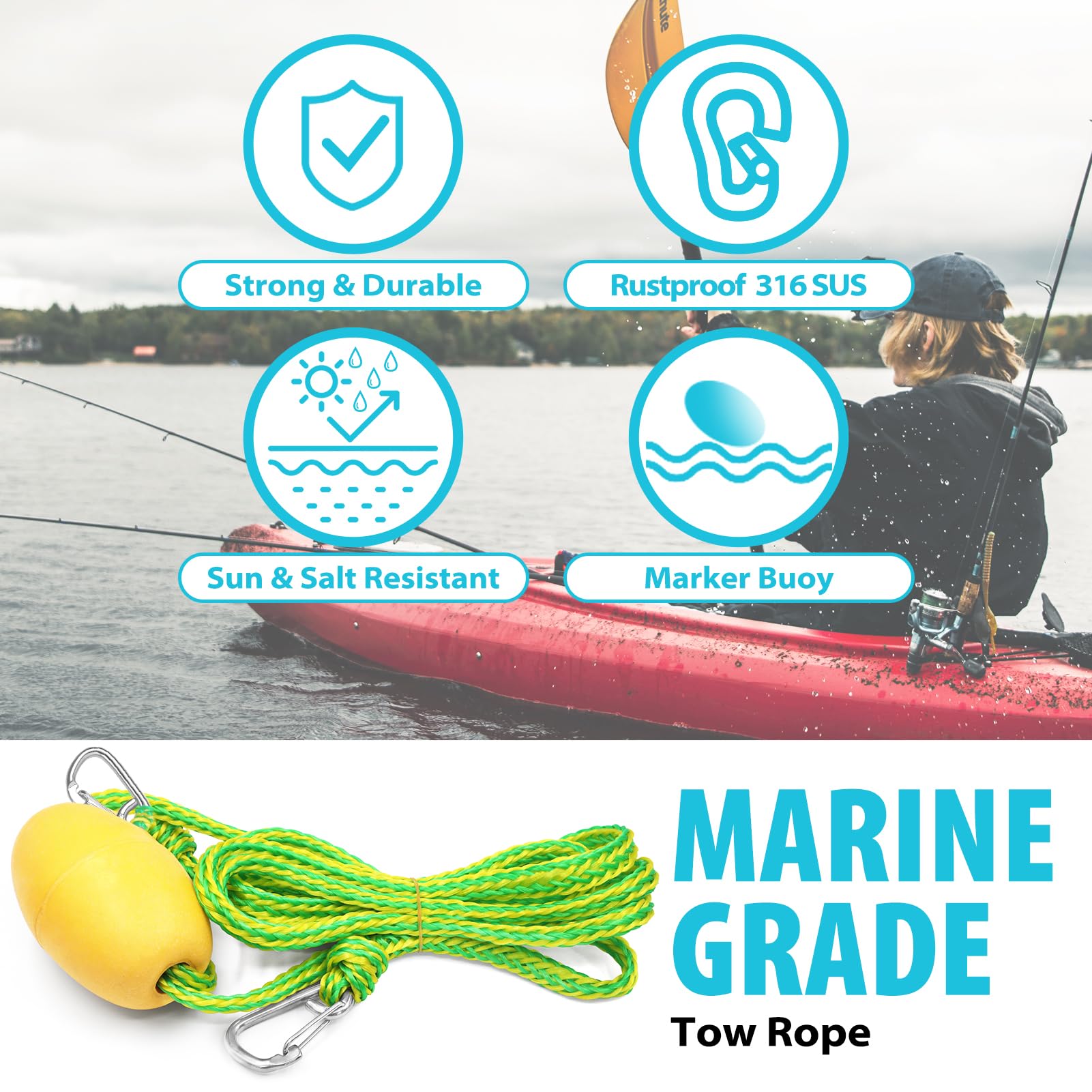 **OBCURSCO Kayak Tow Line & Drift Sock Anchor Rope - 12-20FT Heavy Duty Marine Rope for Fishing Boats, Jet Skis, and Kayaks - Perfect for Lake, River, and Ocean Water Sports & Docking Accessories**