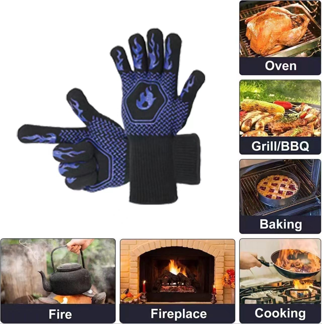 Heat Resistant BBQ Grill Gloves - Fireproof Oven Mittens for Grilling, Smoking & Barbecue - Washable & Durable Up to 1472℉ - Perfect for Kitchen Baking, Camping & Outdoor Cooking (Blue)