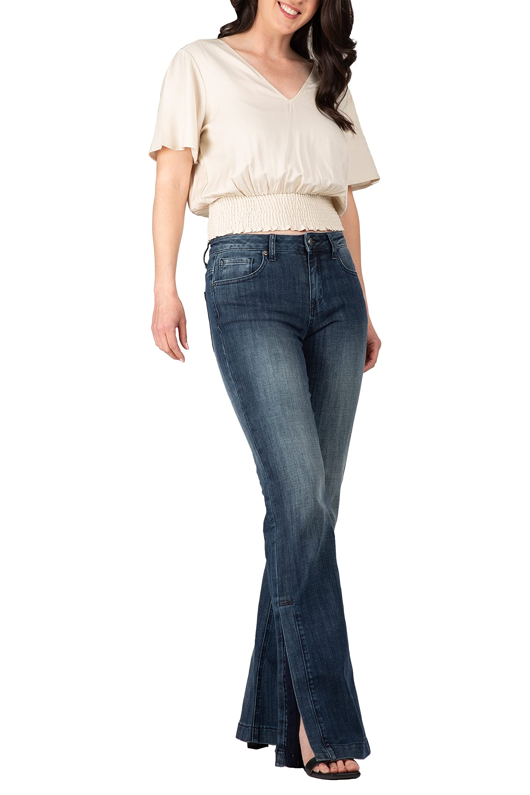 Premium Women's Blue Denim Whisker Wash Raw Edge Flare Jeans - High-Quality Stretch Denim Pants for Casual Wear & Everyday Fashion